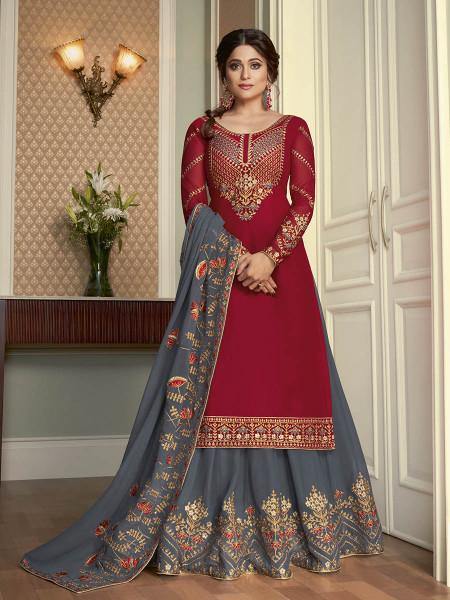 Myra Maroon and Grey Georgette Embroidered Gharara Suit | Grocsy