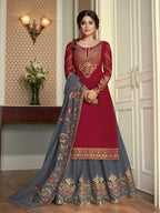 Myra Maroon and Grey Georgette Embroidered Gharara Suit | Grocsy