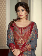 Myra Maroon and Grey Georgette Embroidered Gharara Suit | Grocsy