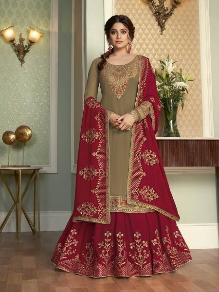 Myra Brown and Maroon Georgette Embroidered Gharara Suit | Grocsy
