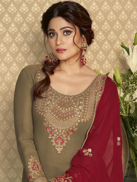 Myra Brown and Maroon Georgette Embroidered Gharara Suit | Grocsy
