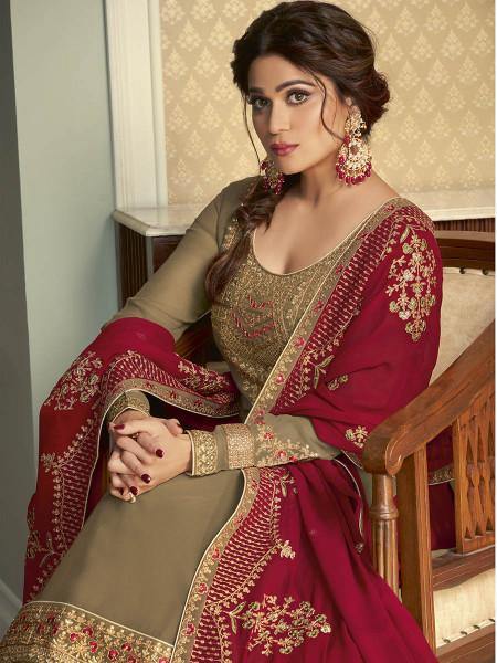 Myra Brown and Maroon Georgette Embroidered Gharara Suit | Grocsy