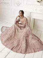 Myra Dusty Pink Heavy Embroidered Net Bridal Lehenga | Grocsy
