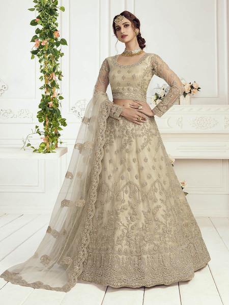 Myra Beige Heavy Embroidered Net Bridal Lehenga | Grocsy