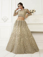 Myra Beige Heavy Embroidered Net Bridal Lehenga | Grocsy