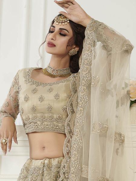Myra Beige Heavy Embroidered Net Bridal Lehenga | Grocsy