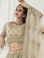 Myra Beige Heavy Embroidered Net Bridal Lehenga | Grocsy