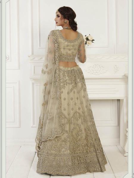 Myra Beige Heavy Embroidered Net Bridal Lehenga | Grocsy