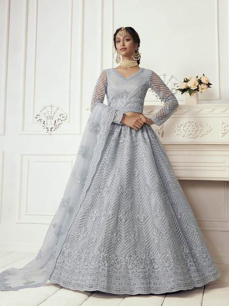 Myra Dusty Sea Blue Heavy Embroidered Net Bridal Lehenga | Grocsy