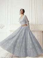 Myra Dusty Sea Blue Heavy Embroidered Net Bridal Lehenga | Grocsy