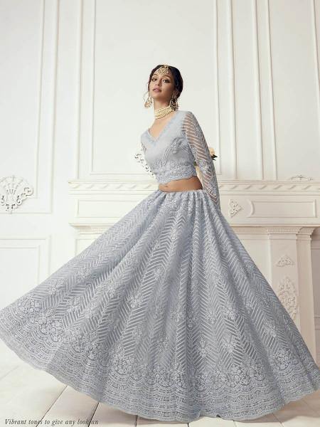 Myra Dusty Sea Blue Heavy Embroidered Net Bridal Lehenga | Grocsy
