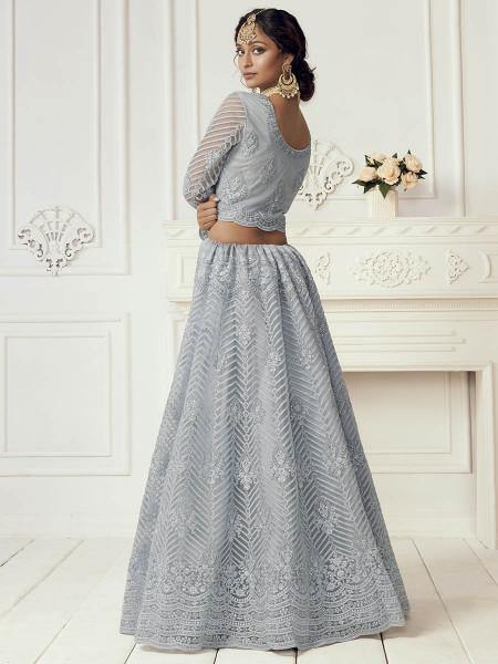 Myra Dusty Sea Blue Heavy Embroidered Net Bridal Lehenga | Grocsy