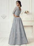Myra Dusty Sea Blue Heavy Embroidered Net Bridal Lehenga | Grocsy