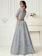 Myra Dusty Sea Blue Heavy Embroidered Net Bridal Lehenga | Grocsy
