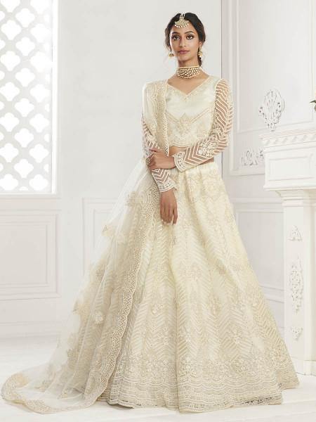 Myra Beautiful Fashion Off White Heavy Embroidered Net Bridal Lehenga | Grocsy