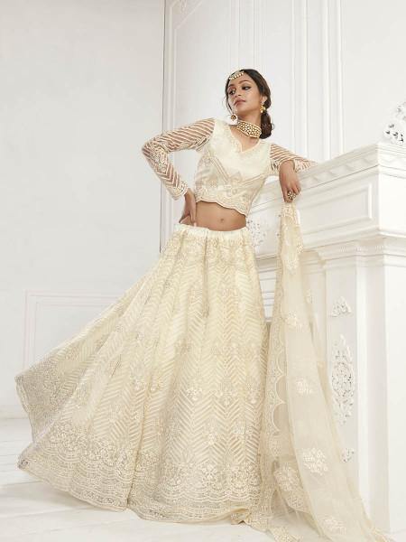 Myra Beautiful Fashion Off White Heavy Embroidered Net Bridal Lehenga | Grocsy