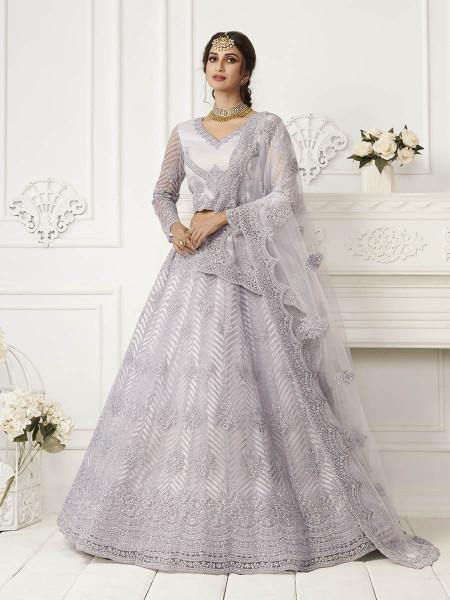 Myra Grey Heavy Embroidered Net Bridal Lehenga | Grocsy