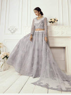 Myra Grey Heavy Embroidered Net bridal Lehenga | Grocsy