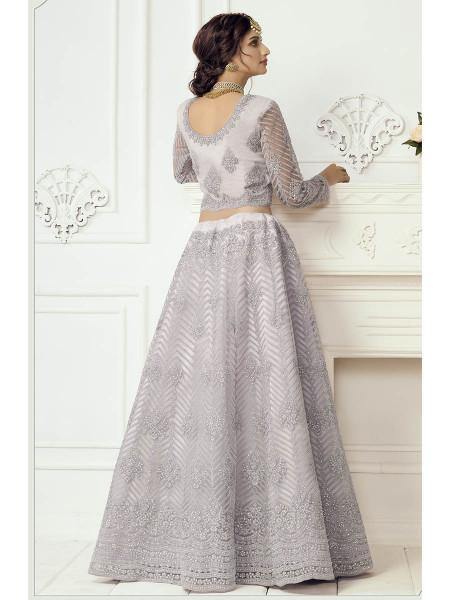 Myra Grey Heavy Embroidered Net Bridal Lehenga | Grocsy