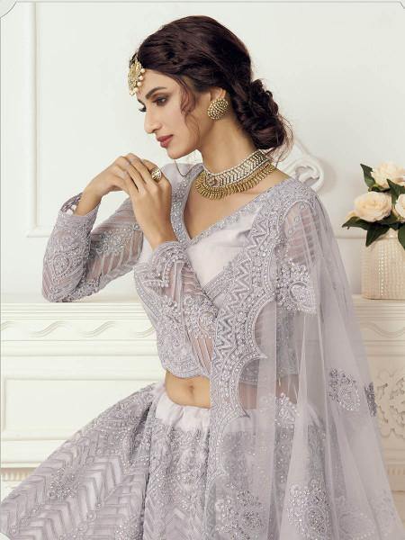 Myra Grey Heavy Embroidered Net bridal Lehenga | Grocsy