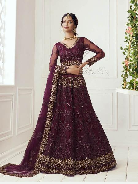 Myra Wine Heavy Embroidered Net bridal Lehenga | Grocsy
