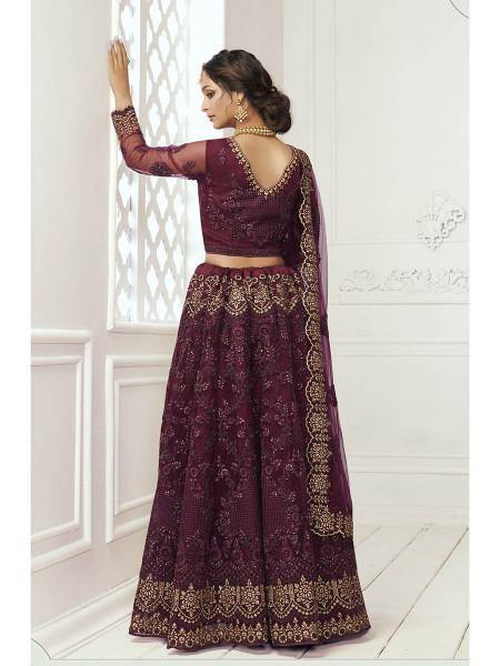 Myra Wine Heavy Embroidered Net Bridal Lehenga | Grocsy