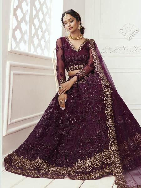 Myra Wine Heavy Embroidered Net bridal Lehenga | Grocsy