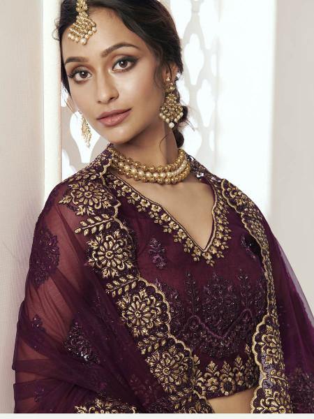 Myra Wine Heavy Embroidered Net Bridal Lehenga | Grocsy
