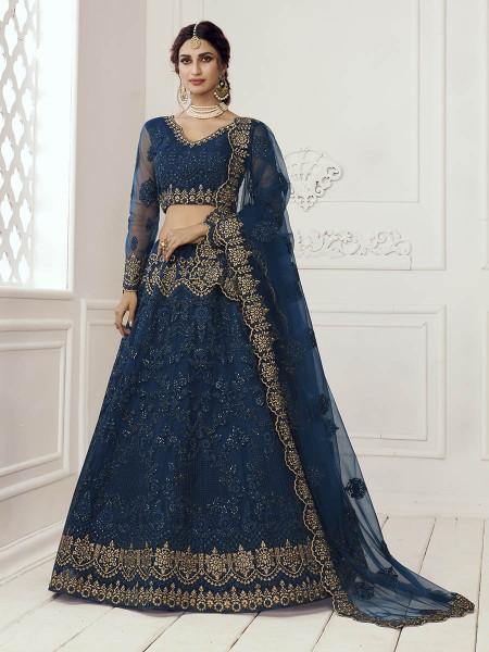 Myra Deep Blue Heavy Embroidered Net bridal Lehenga | Grocsy
