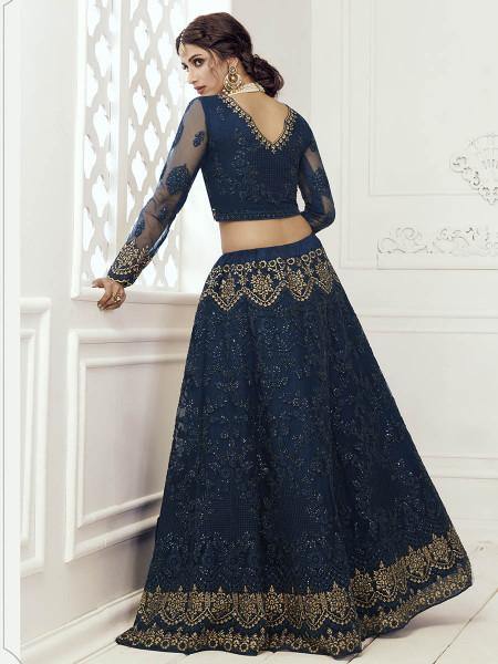 Myra Deep Blue Heavy Embroidered Net bridal Lehenga | Grocsy