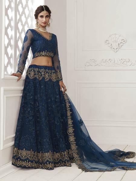 Myra Deep Blue Heavy Embroidered Net Bridal Lehenga | Grocsy