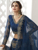 Myra Deep Blue Heavy Embroidered Net Bridal Lehenga | Grocsy
