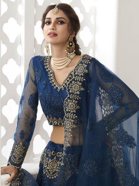 Myra Deep Blue Heavy Embroidered Net Bridal Lehenga | Grocsy