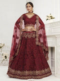 Myra Maroon Heavy Embroidered Net Bridal Lehenga | Grocsy