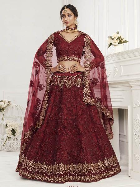 Myra Maroon Heavy Embroidered Net Bridal Lehenga | Grocsy