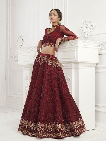 Myra Maroon Heavy Embroidered Net Bridal Lehenga | Grocsy