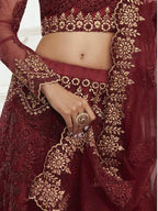 Myra Maroon Heavy Embroidered Net Bridal Lehenga | Grocsy
