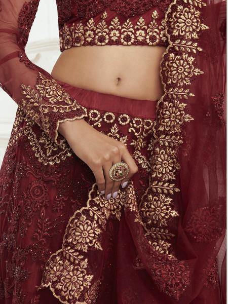 Myra Maroon Heavy Embroidered Net Bridal Lehenga | Grocsy