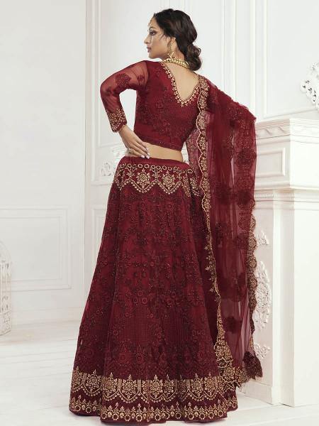 Myra Maroon Heavy Embroidered Net Bridal Lehenga | Grocsy