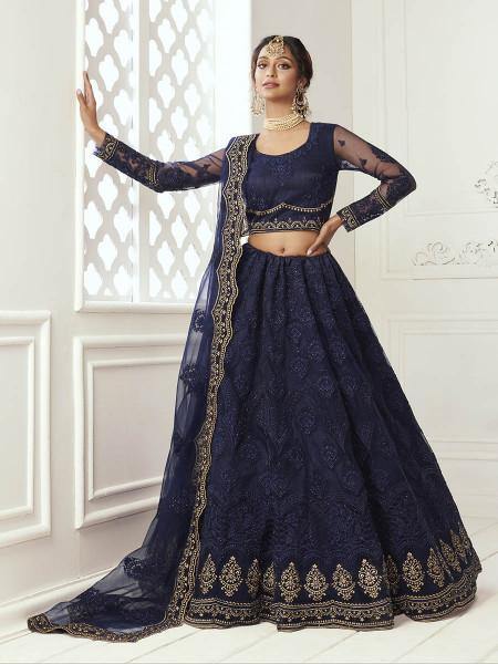 Myra Navy Blue Heavy Embroidered Net Bridal Lehenga | Grocsy