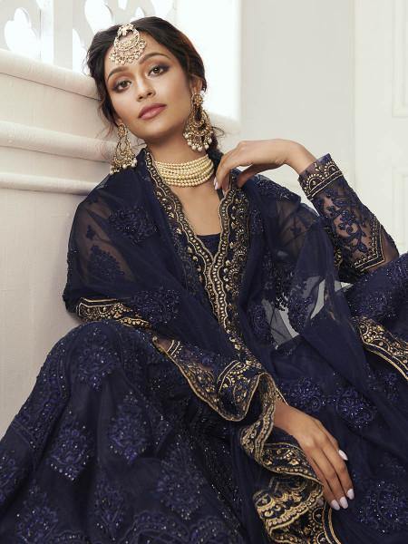 Myra Navy Blue Heavy Embroidered Net Bridal Lehenga | Grocsy