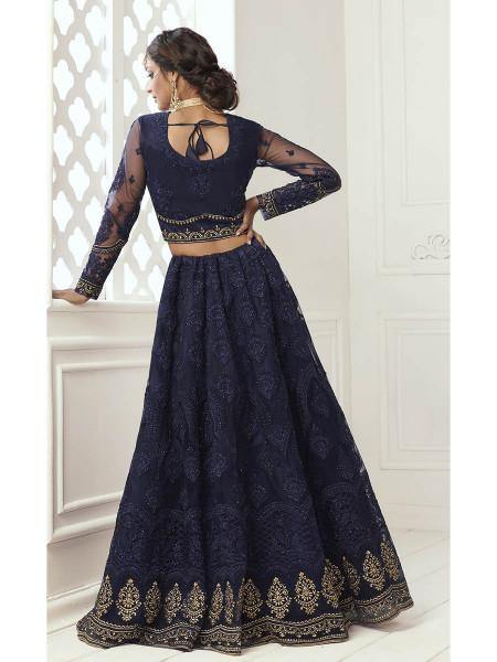 Myra Navy Blue Heavy Embroidered Net Bridal Lehenga | Grocsy