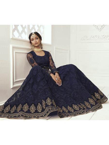 Myra Navy Blue Heavy Embroidered Net Bridal Lehenga | Grocsy