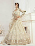 Myra Cream Heavy Embroidered Net Bridal Lehenga | Grocsy