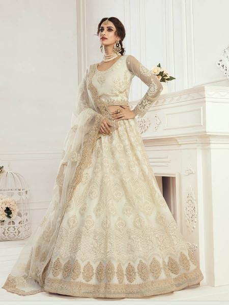 Myra Cream Heavy Embroidered Net Bridal Lehenga | Grocsy