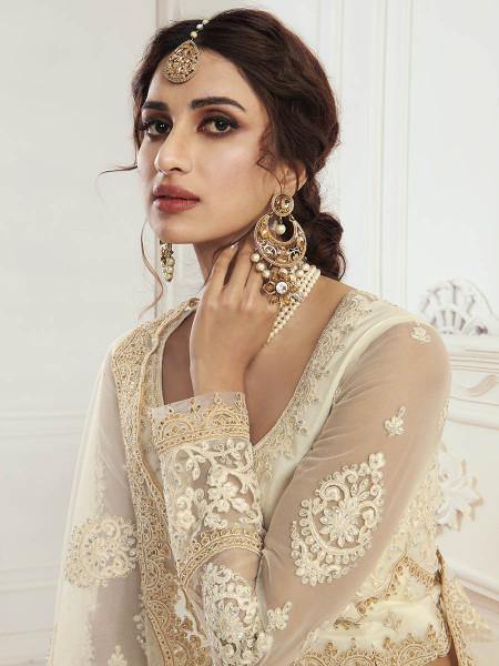 Myra Cream Heavy Embroidered Net Bridal Lehenga | Grocsy