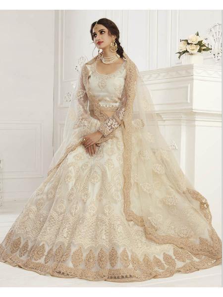 Myra Cream Heavy Embroidered Net Bridal Lehenga | Grocsy