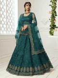 Myra Rama Green Heavy Embroidered Net Bridal Lehenga | Grocsy
