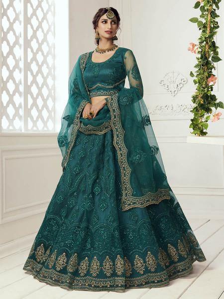 Myra Rama Green Heavy Embroidered Net Bridal Lehenga | Grocsy