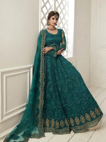 Myra Rama Green Heavy Embroidered Net bridal Lehenga | Grocsy